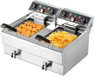 ROVSUN 24.9QT Electric Deep Fryer w/Frying Baskets Timer Drains & Lids, 3400W Dual Tank Kitchen Countertop Commercial Deep Fryer Frying Machine, Adjustable Temperature for Home Restaurant