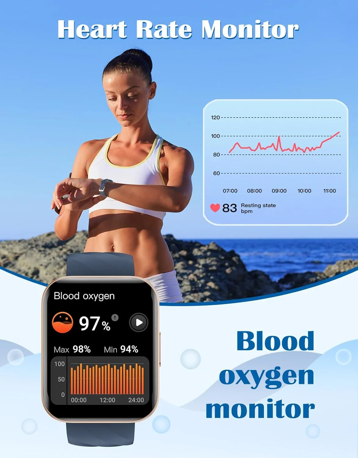 RUIMEN Smart Watches for Women Men (Answer/Make Calls) Compatible with iPhone/Android Phones, 1.85" HD Screen Fitness Tracker Heart Rate Monitor 100  Sports Tracker Watch Waterproof (Blue)