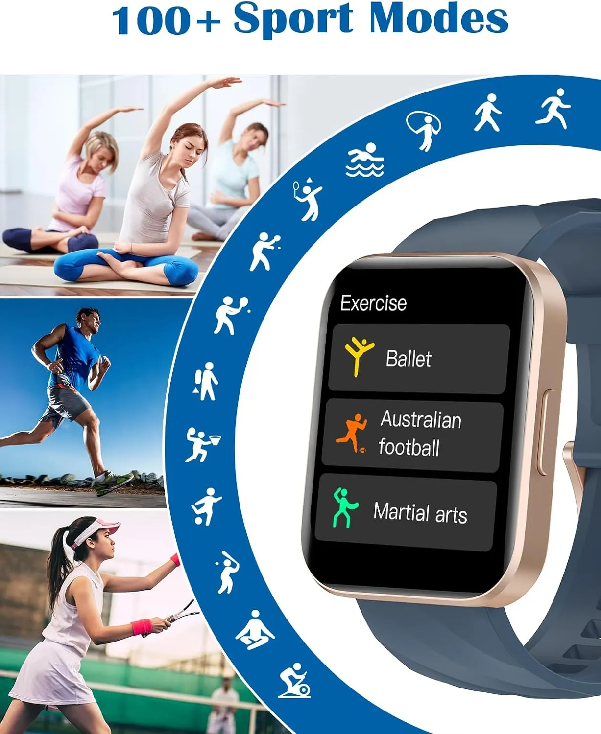 RUIMEN Smart Watches for Women Men (Answer/Make Calls) Compatible with iPhone/Android Phones, 1.85" HD Screen Fitness Tracker Heart Rate Monitor 100  Sports Tracker Watch Waterproof (Blue)