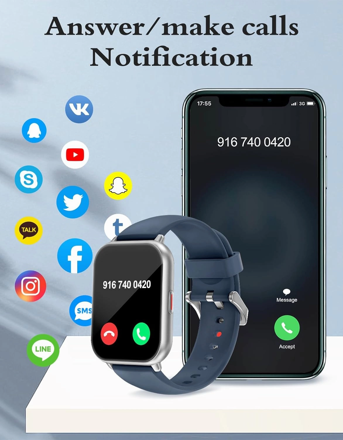 RUIMEN Smart Watches for Men Women (Answer/Make Calls, 2 Bands Included), 1.8" Smartwatch for iOS/Android Phones, Fitness Tracker Heart Rate/Sleep Monitor Digital Watch Waterproof Blue