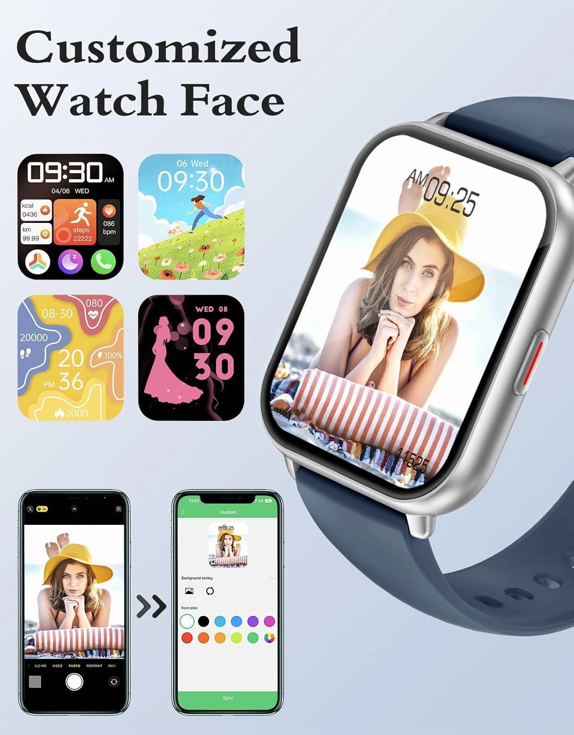 RUIMEN Smart Watches for Men Women (Answer/Make Calls, 2 Bands Included), 1.8" Smartwatch for iOS/Android Phones, Fitness Tracker Heart Rate/Sleep Monitor Digital Watch Waterproof Blue