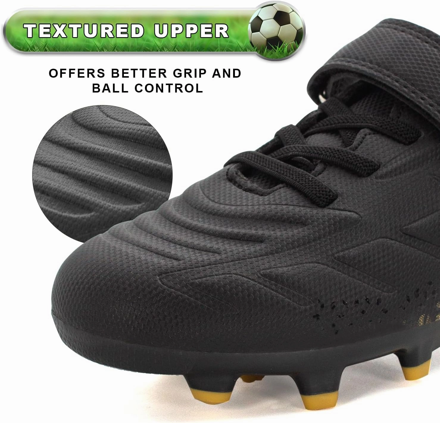 RUNIC Kids Soccer Cleats for Boys and Girls - Small and Big Kid Athletic Outdoor Football Shoes - Firm Ground - Hook and Loop Closure - Black/Gold