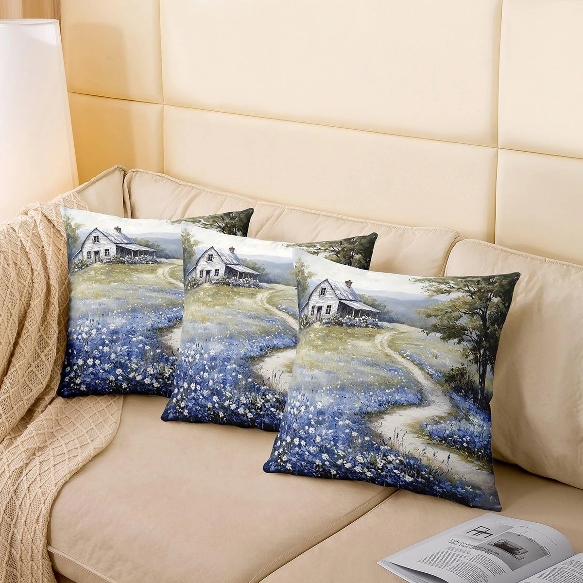 Rustic Pack of 4 Throw Pillow Covers 20x20 Inch Farmhouse Pillow Covers for Kids Adults Wildflower Barn Dreamy Nature Scenery Cushion Covers French Countryside Field Painting Cushion Cases