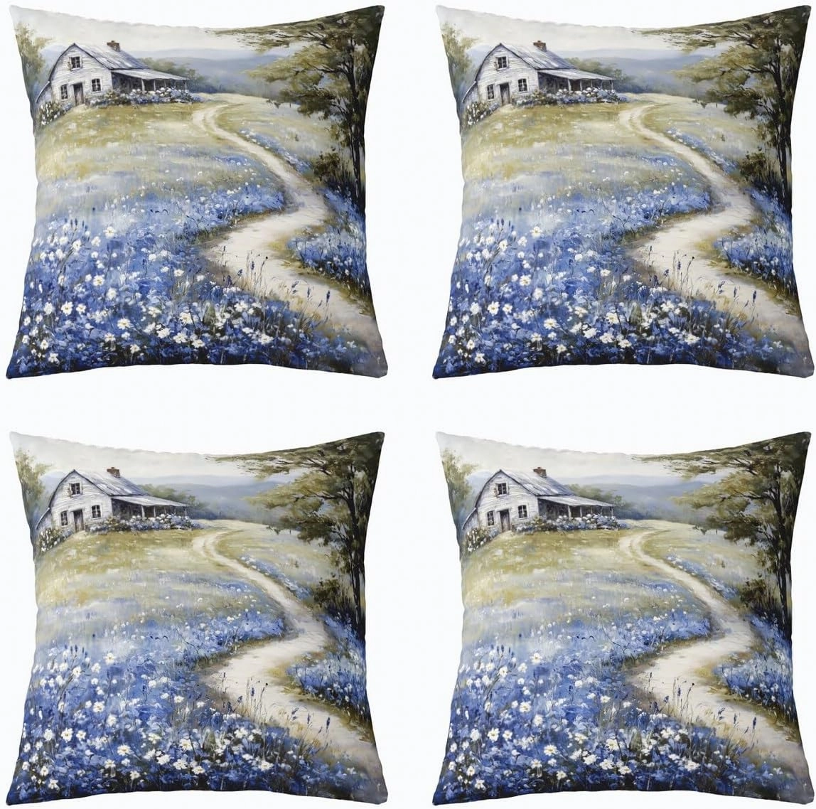 Rustic Pack of 4 Throw Pillow Covers 20x20 Inch Farmhouse Pillow Covers for Kids Adults Wildflower Barn Dreamy Nature Scenery Cushion Covers French Countryside Field Painting Cushion Cases
