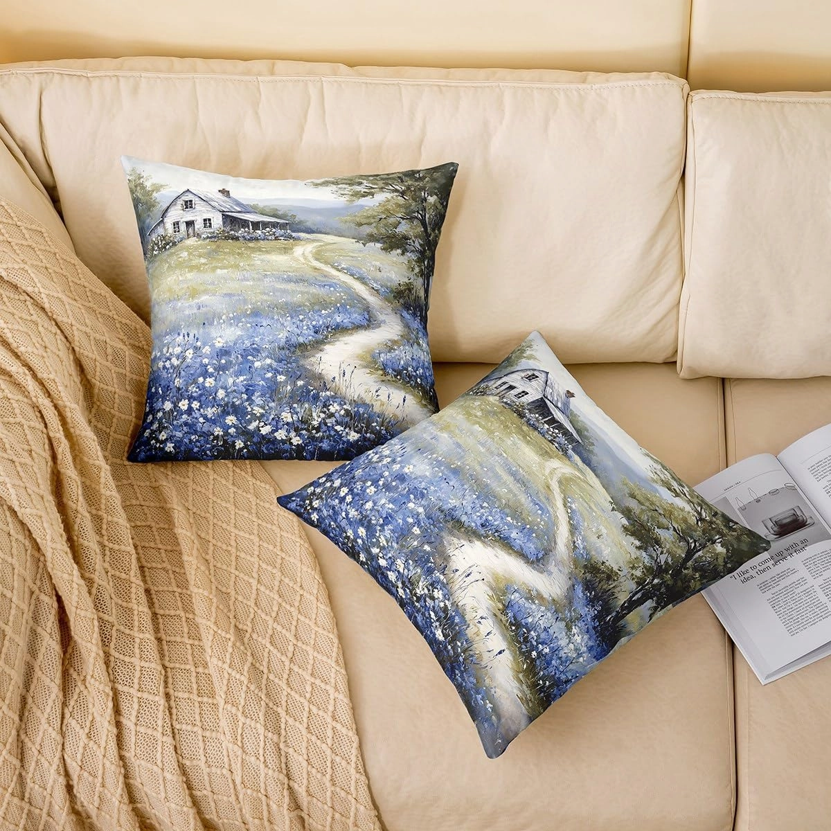 Rustic Pack of 4 Throw Pillow Covers 20x20 Inch Farmhouse Pillow Covers for Kids Adults Wildflower Barn Dreamy Nature Scenery Cushion Covers French Countryside Field Painting Cushion Cases