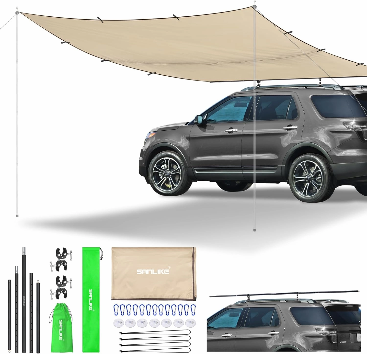 SAN LIKE Vehicle Awning Pole Outdoor Off-Road Camping Set, PU 3000mm Waterproof UV50  Car Side Awning Sun Shade for Most Jeep/SUV/Truck/Van