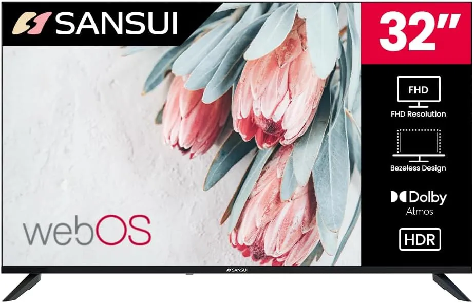 SANSUI 32" Smart LED TV Full HD, Dolby Vision HDR Atmos 16W Speakers, WebOS with Google Play, Game Optimizer, Apple Home Compatibility, Dual-Band WiFi Bluetooth 5.0 Ethernet, Frameless VESA