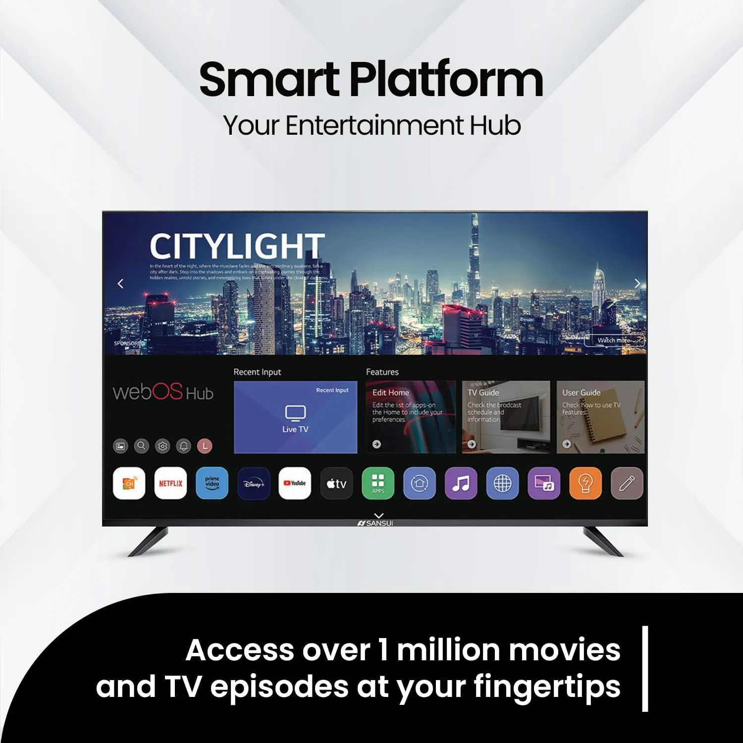 SANSUI 32" Smart LED TV Full HD, Dolby Vision HDR Atmos 16W Speakers, WebOS with Google Play, Game Optimizer, Apple Home Compatibility, Dual-Band WiFi Bluetooth 5.0 Ethernet, Frameless VESA
