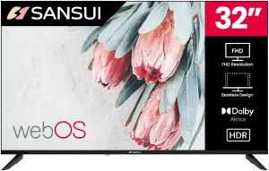SANSUI 32" Smart LED TV Full HD, Dolby Vision HDR Atmos 16W Speakers, WebOS with Google Play, Game Optimizer, Apple Home Compatibility, Dual-Band WiFi Bluetooth 5.0 Ethernet, Frameless VESA