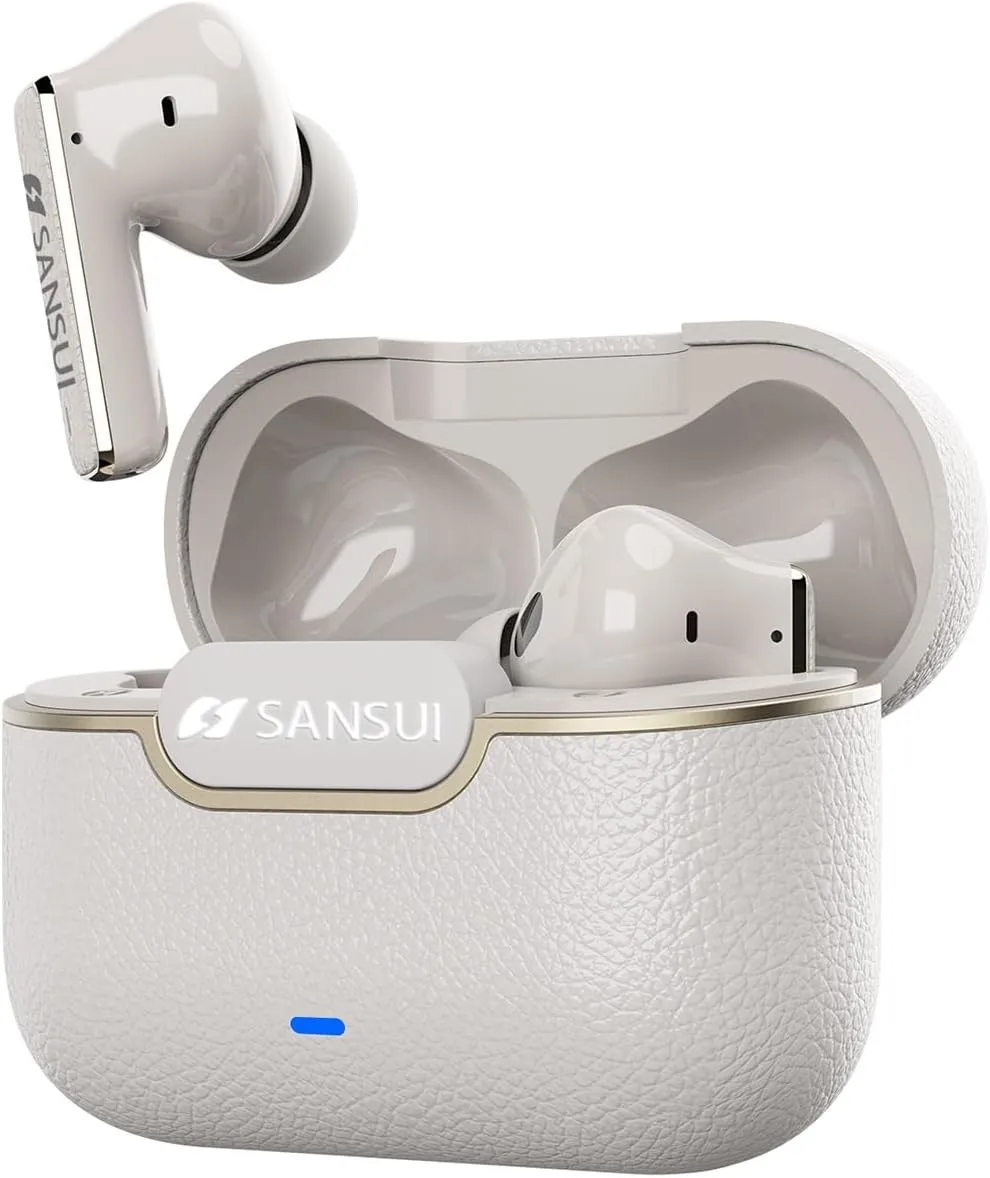 SANSUI Earbuds Wireless Bluetooth 5.4,ANC Noise Cancelling IPX4 Waterproof Stereo Headphones,up to 28 Hours of Battery Life,Deeper Bass,ENC Mics,W28 (Dolomite White)
