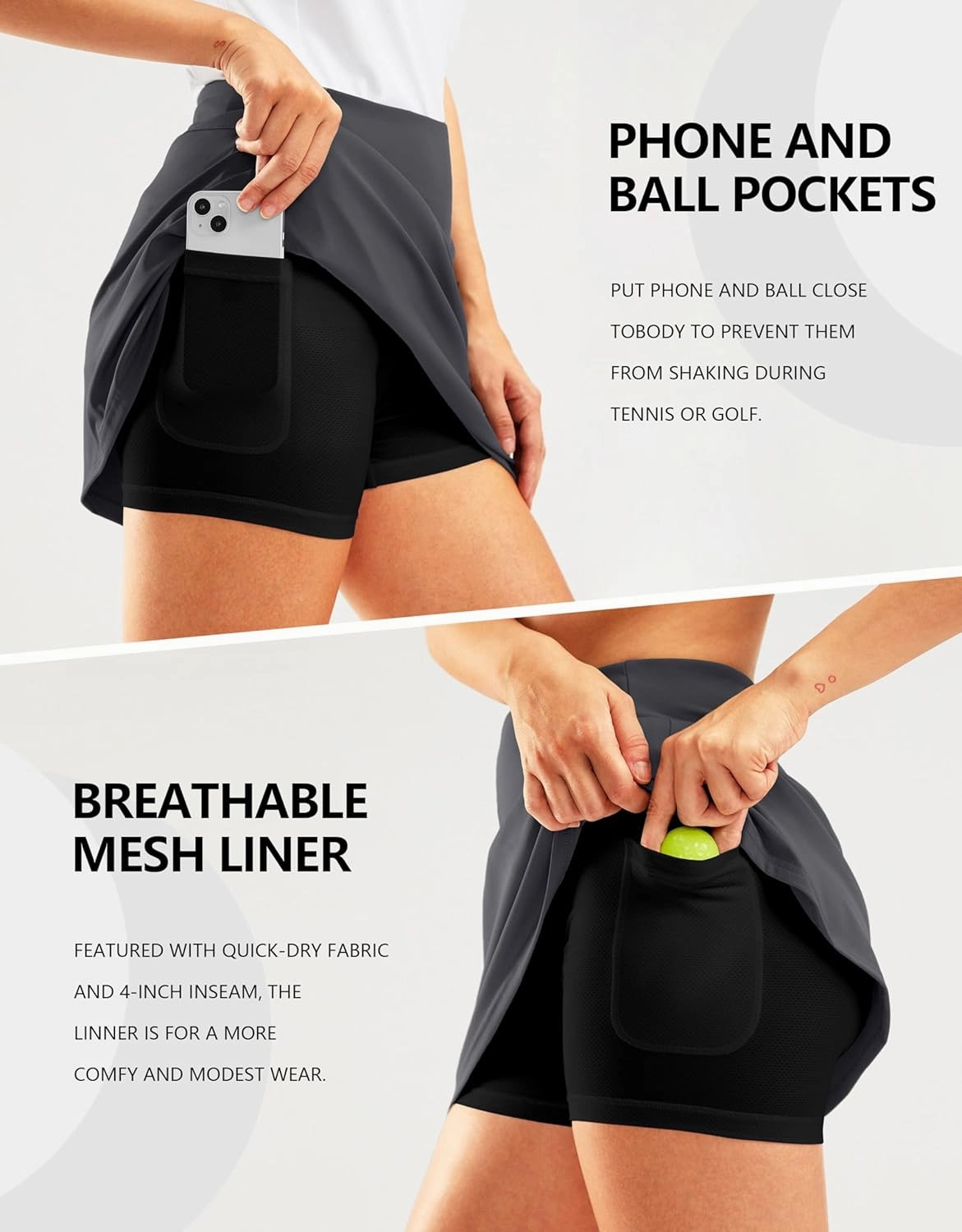 SANTINY 16" Golf Skorts Skirts for Women Zipper Pockets Women's High Waisted Tennis Skirt Athletic Skort
