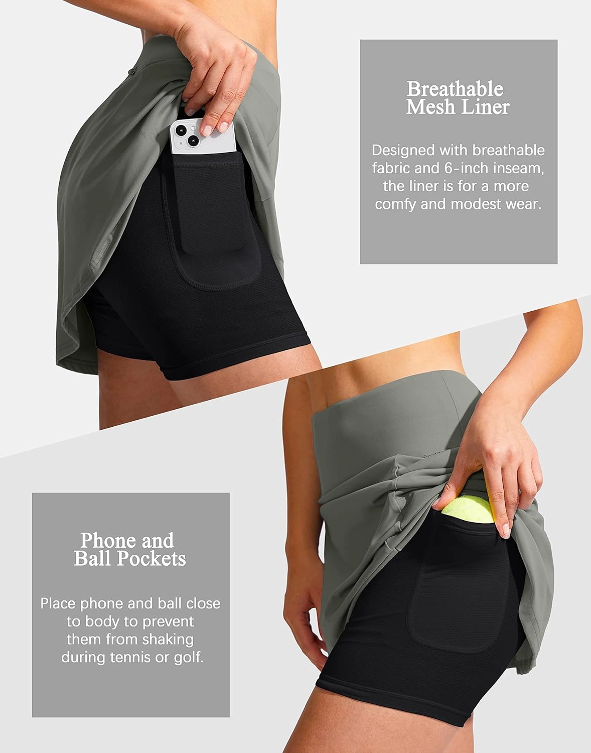 SANTINY 19" Golf Skorts Skirts for Women Zipper Pockets Knee Length Skort Women's High Waist Athletic Tennis Skirt