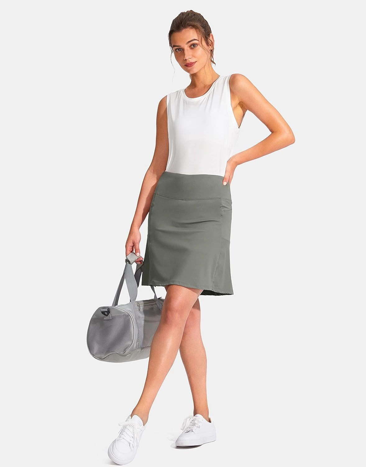 SANTINY 19" Golf Skorts Skirts for Women Zipper Pockets Knee Length Skort Women's High Waist Athletic Tennis Skirt