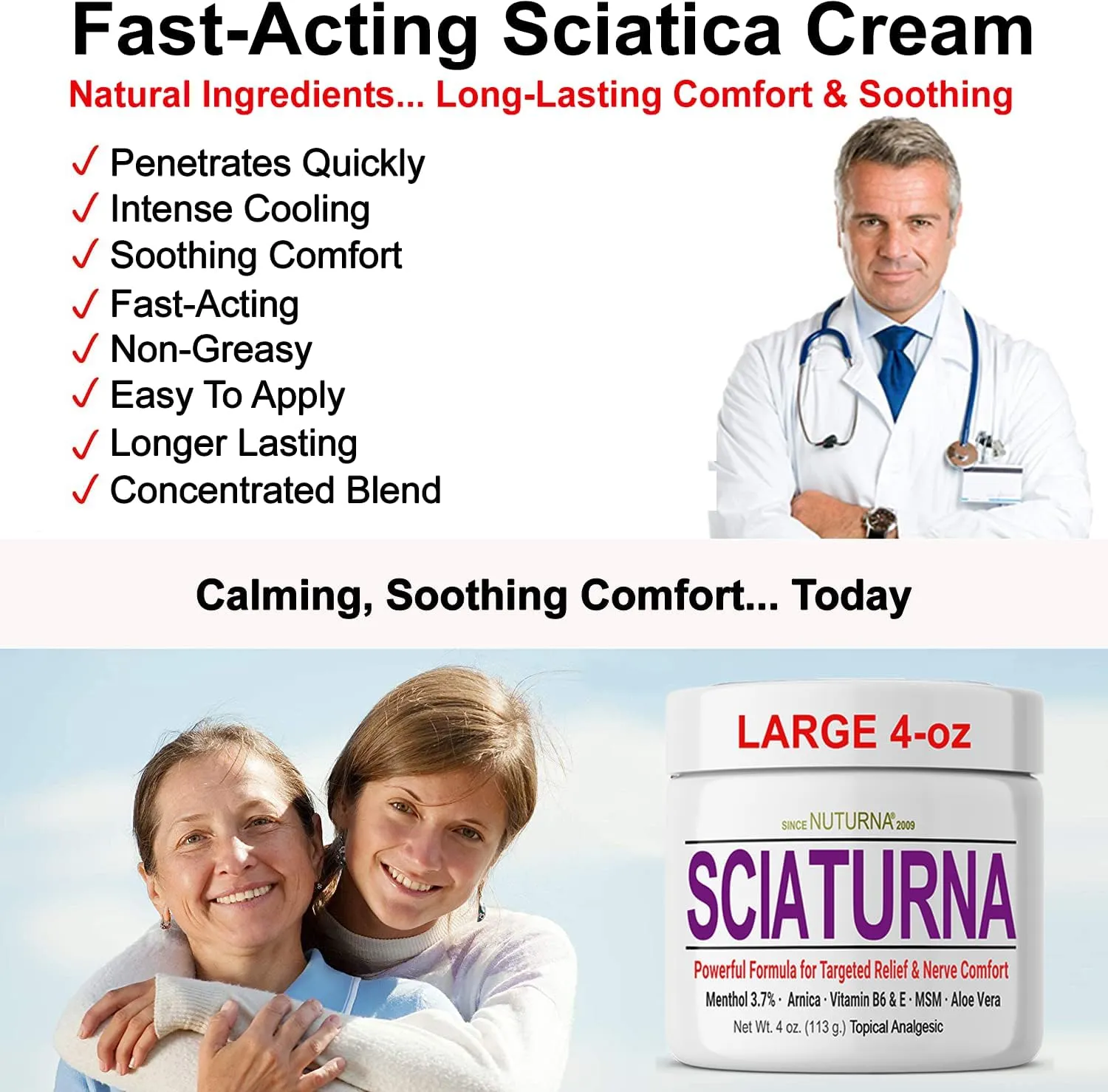 Sciatica Nerve Cream - Maximum Strength Comfort Cream for Feet, Hands, Legs, Toes, Back - Natural Ultra Strength Arnica, MSM, Menthol, Soothing Comfort, Large 4 Oz