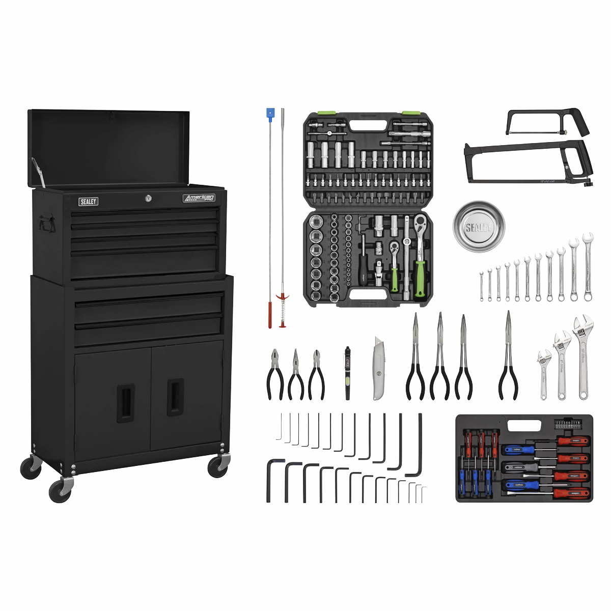 Sealey Topchest & Rollcab Combination 6 Drawer with Ball-Bearing Slides - Black & 170pc Tool Kit