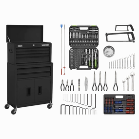 Sealey Topchest & Rollcab Combination 6 Drawer with Ball-Bearing Slides - Black & 170pc Tool Kit