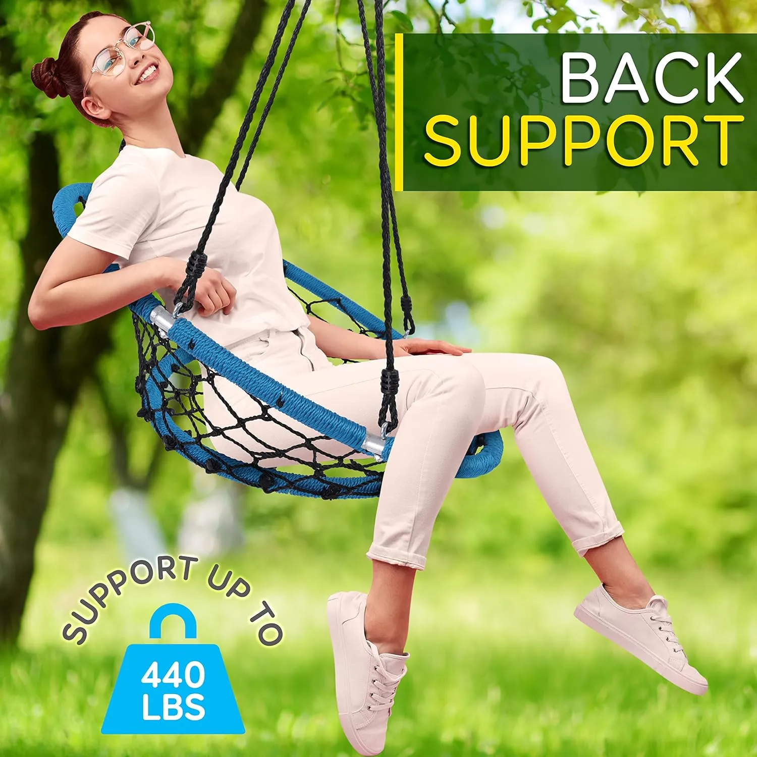 SereneLife Hanging Netted Seat Swing - 35.5" Inch Kids Indoor Outdoor Yard Round Circle Saucer Swing for Trees or Swing Sets - All Season UV Resistant Rope Swing Net Seat - SLSWNG125