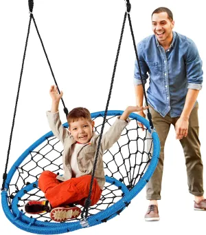 SereneLife Hanging Netted Seat Swing - 35.5" Inch Kids Indoor Outdoor Yard Round Circle Saucer Swing for Trees or Swing Sets - All Season UV Resistant Rope Swing Net Seat - SLSWNG125