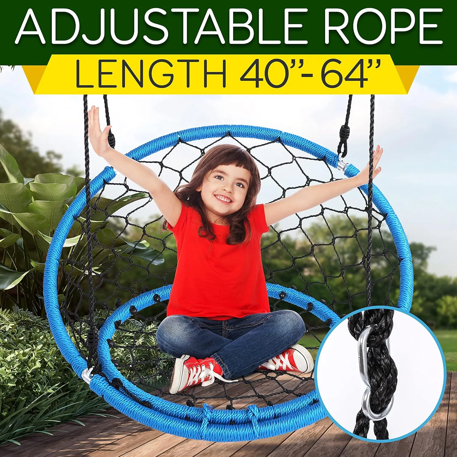 SereneLife Hanging Netted Seat Swing - 35.5" Inch Kids Indoor Outdoor Yard Round Circle Saucer Swing for Trees or Swing Sets - All Season UV Resistant Rope Swing Net Seat - SLSWNG125