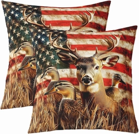 Set of 2 American Flag Pillow Covers,Deer Hunting Throw Pillow Covers for Boys Teens Kids Rustic Duck Country Cabin Jungle Cushion Cases,Farmhouse Woodland Camouflage Animal Room Decor,24x24 Inch
