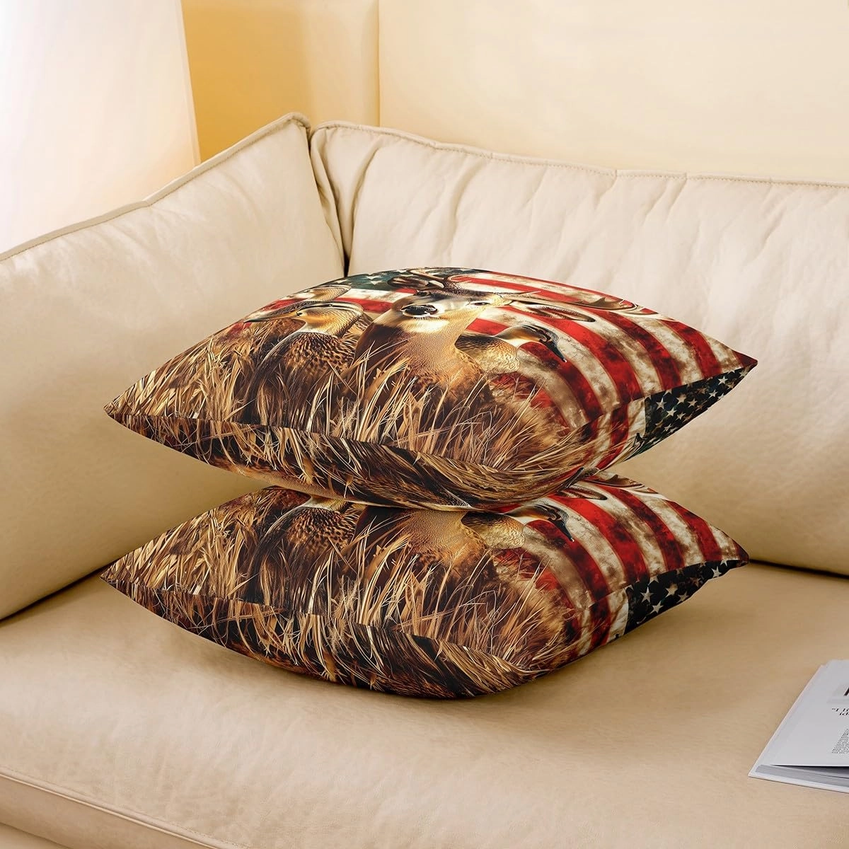 Set of 2 American Flag Pillow Covers,Deer Hunting Throw Pillow Covers for Boys Teens Kids Rustic Duck Country Cabin Jungle Cushion Cases,Farmhouse Woodland Camouflage Animal Room Decor,24x24 Inch