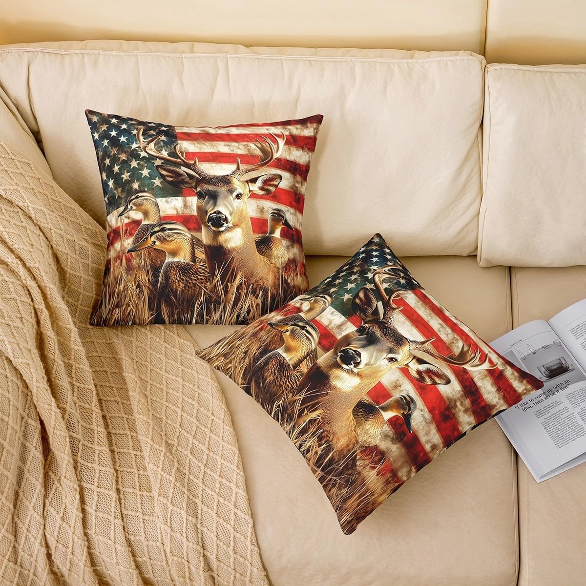 Set of 2 American Flag Pillow Covers,Deer Hunting Throw Pillow Covers for Boys Teens Kids Rustic Duck Country Cabin Jungle Cushion Cases,Farmhouse Woodland Camouflage Animal Room Decor,24x24 Inch