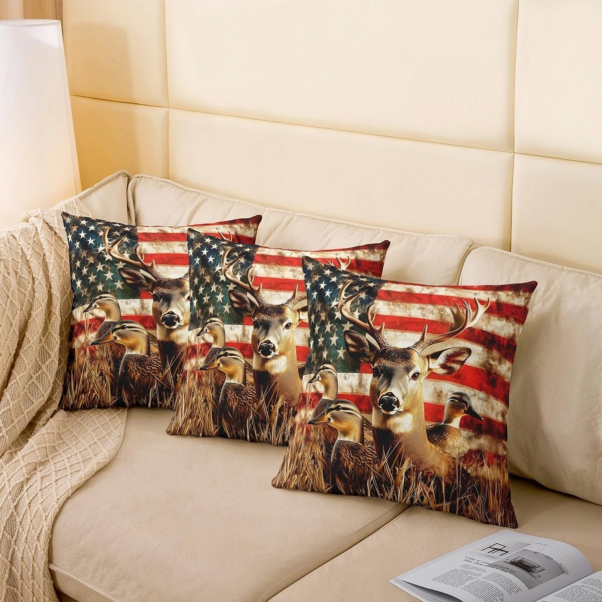 Set of 4 American Flag Pillow Covers,Deer Hunting Throw Pillow Covers for Boys Teens Kids Rustic Duck Country Cabin Jungle Cushion Cases,Farmhouse Woodland Camouflage Animal Room Decor,16x16 Inch