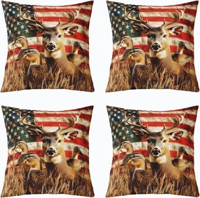 Set of 4 American Flag Pillow Covers,Deer Hunting Throw Pillow Covers for Boys Teens Kids Rustic Duck Country Cabin Jungle Cushion Cases,Farmhouse Woodland Camouflage Animal Room Decor,16x16 Inch