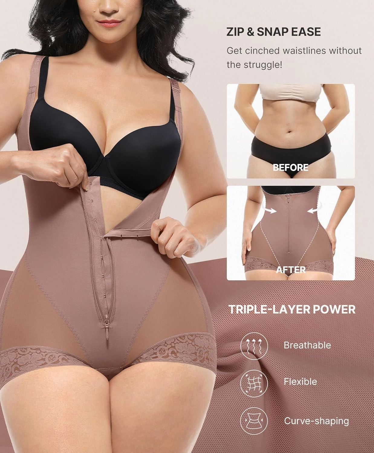 SHAPELLX Shapewear for Women Fajas Colombianas Tummy Control Body Shaper Open Bust Bodysuit with Hook Zipper Closure