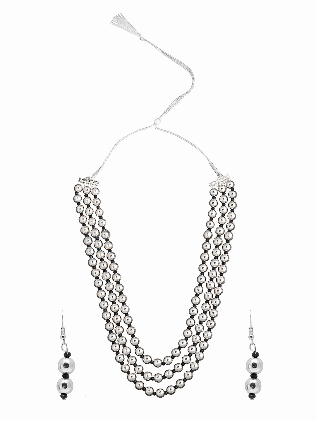 Shining Jewel Antique Silver Plated Three Layer Ball Chain Mala with Maching Earring Oxidized Jewellary Set For Women (SJN_100)