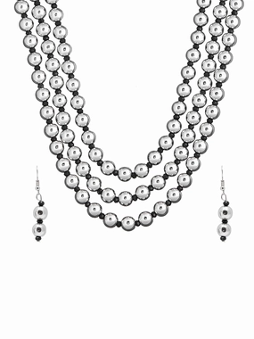 Shining Jewel Antique Silver Plated Three Layer Ball Chain Mala with Maching Earring Oxidized Jewellary Set For Women (SJN_100)