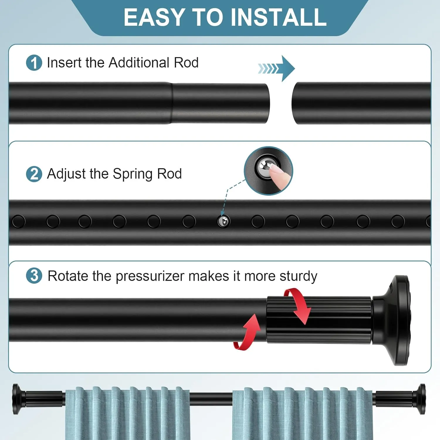 Shower Curtain Rod 51-168 Inches (4.25-14 Ft), Extra Long Outdoor Tension Curtain Rod for Patio, Adjustable Curtain Rod No Drilling, Black Spring Tension Rod for Bathroom Windows Easy Install No Rust