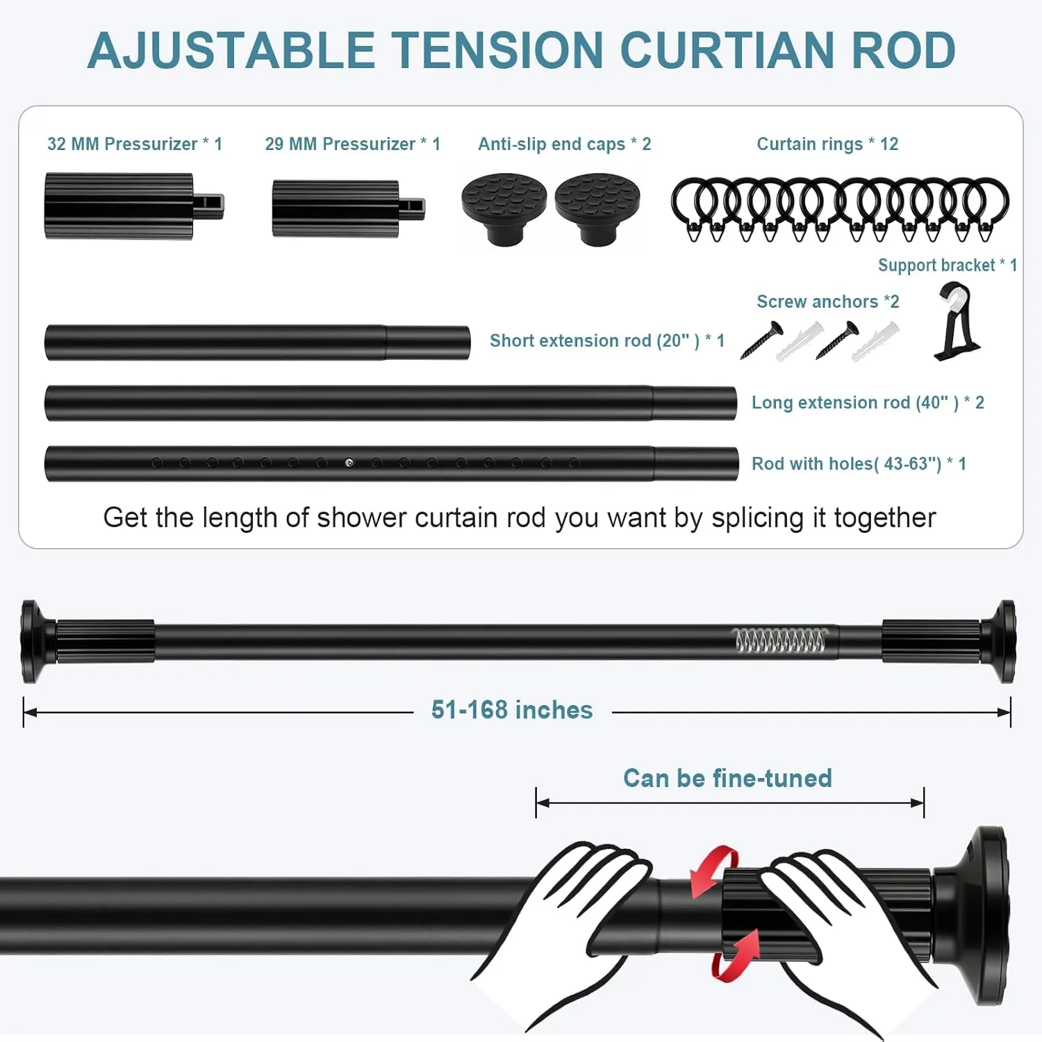 Shower Curtain Rod 51-168 Inches (4.25-14 Ft), Extra Long Outdoor Tension Curtain Rod for Patio, Adjustable Curtain Rod No Drilling, Black Spring Tension Rod for Bathroom Windows Easy Install No Rust