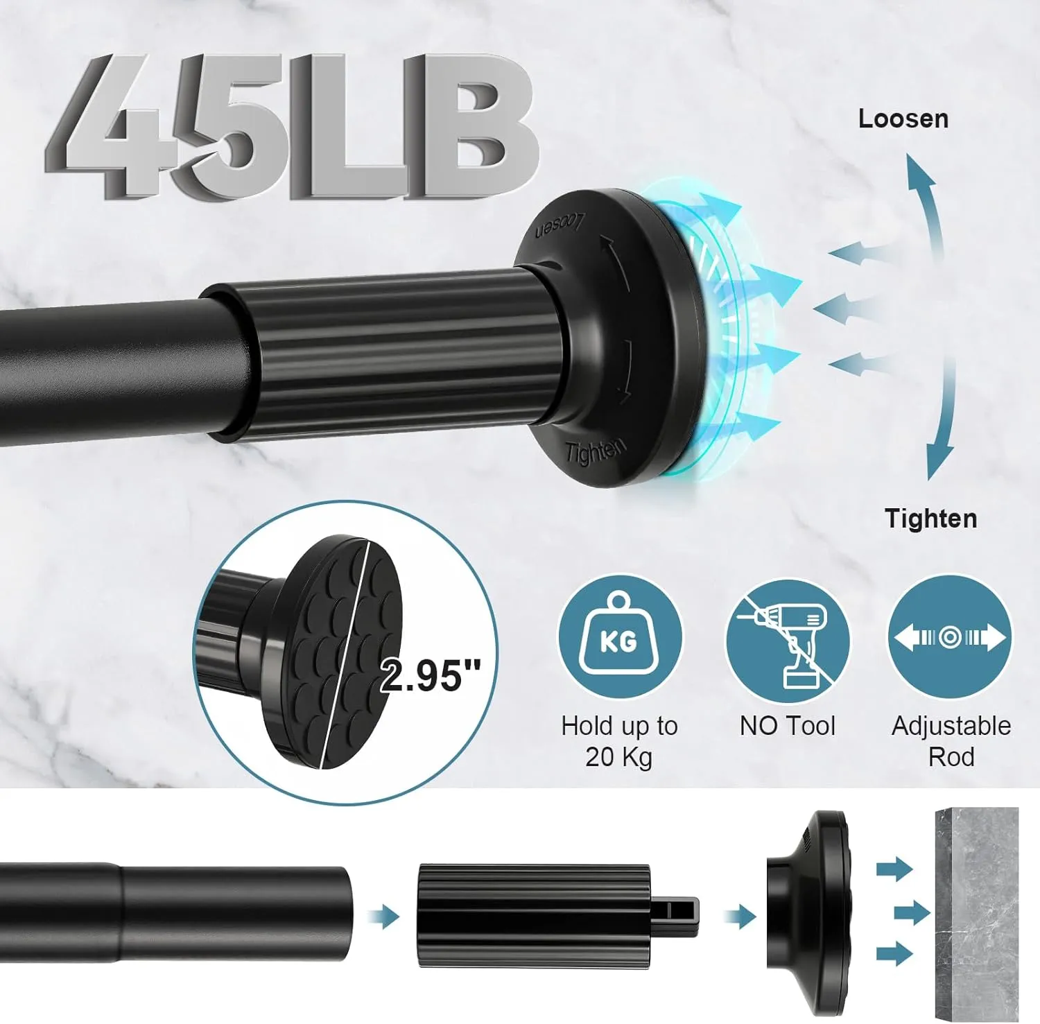 Shower Curtain Rod 51-168 Inches (4.25-14 Ft), Extra Long Outdoor Tension Curtain Rod for Patio, Adjustable Curtain Rod No Drilling, Black Spring Tension Rod for Bathroom Windows Easy Install No Rust