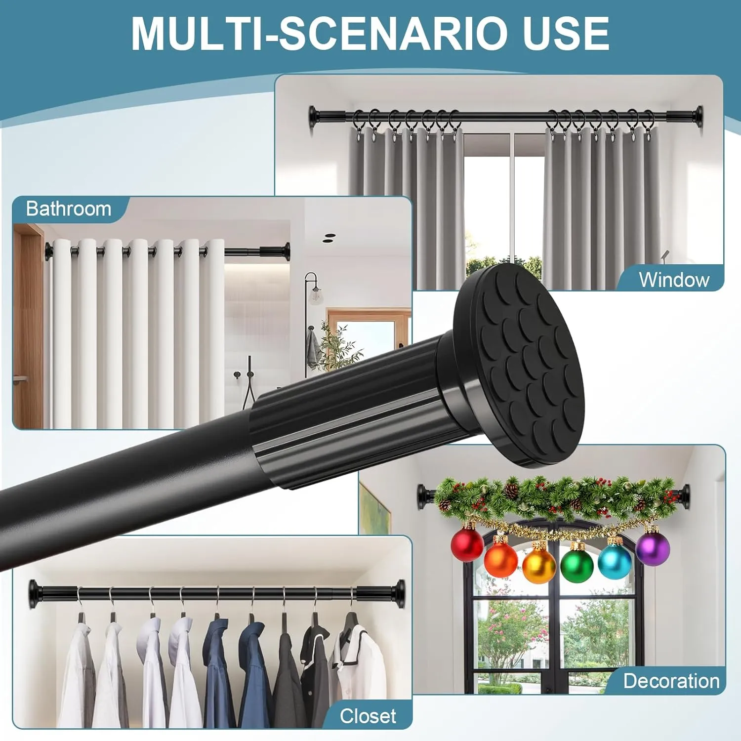 Shower Curtain Rod 51-168 Inches (4.25-14 Ft), Extra Long Outdoor Tension Curtain Rod for Patio, Adjustable Curtain Rod No Drilling, Black Spring Tension Rod for Bathroom Windows Easy Install No Rust