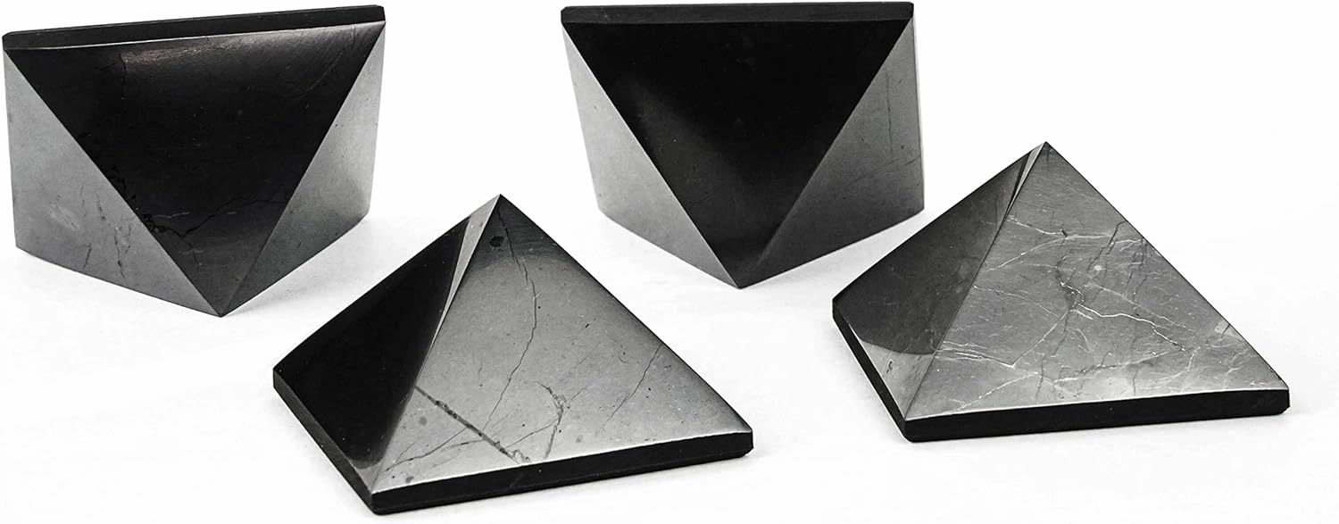 Shungite Stone Blocker Pyramids 2 inches (5 cm) Protection Set 4 pcs | Black Polished Solid Stone Pyramids | Home Office Room Whole House Protection | Meditation, Chakra Healing, Grounding S042