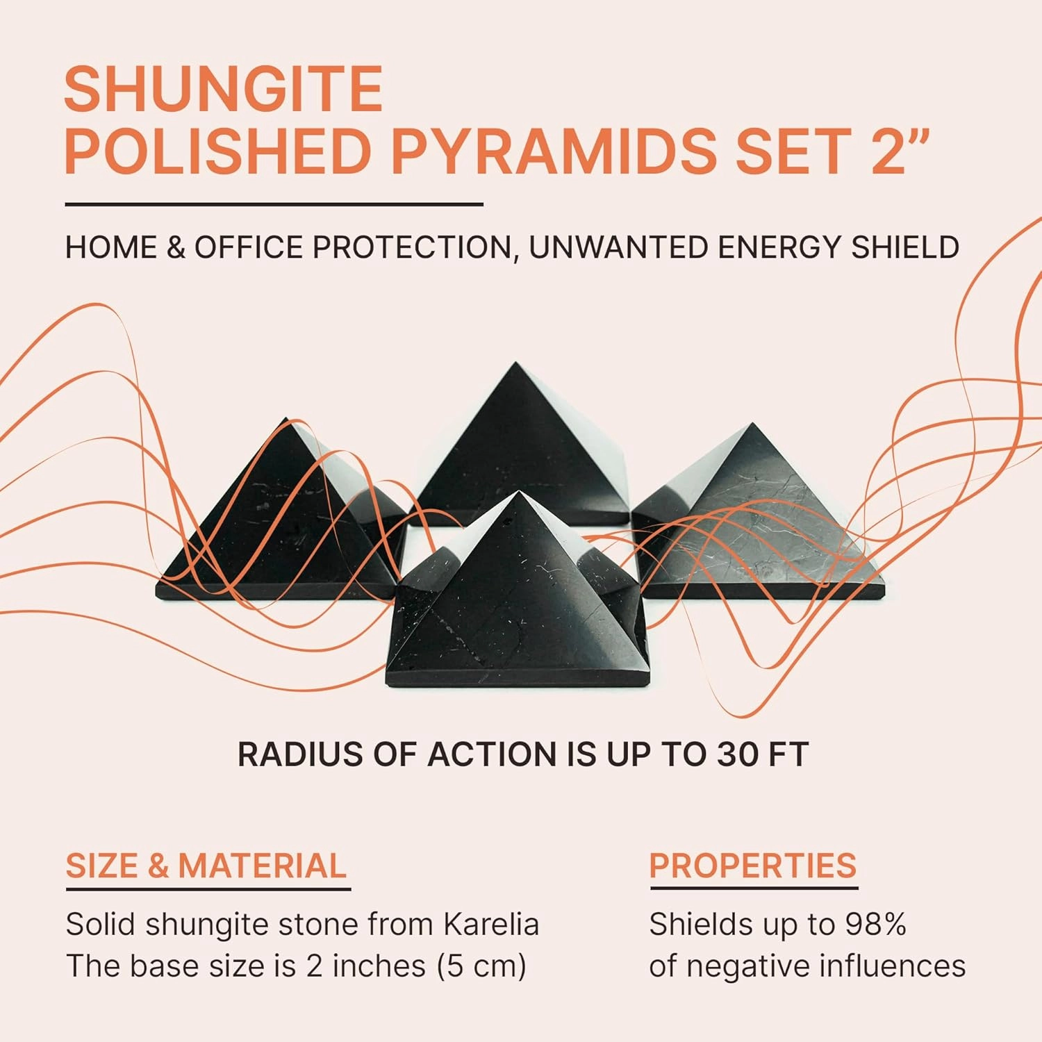 Shungite Stone Blocker Pyramids 2 inches (5 cm) Protection Set 4 pcs | Black Polished Solid Stone Pyramids | Home Office Room Whole House Protection | Meditation, Chakra Healing, Grounding S042