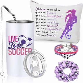 Sieral 4 Pieces Soccer Gifts for Girls 14oz Water Bottle Hair Scrunchies Bracelet Jewelry for Girls Zipper Pouch Sports Accessories for Sports graduation Gifts (Purple)