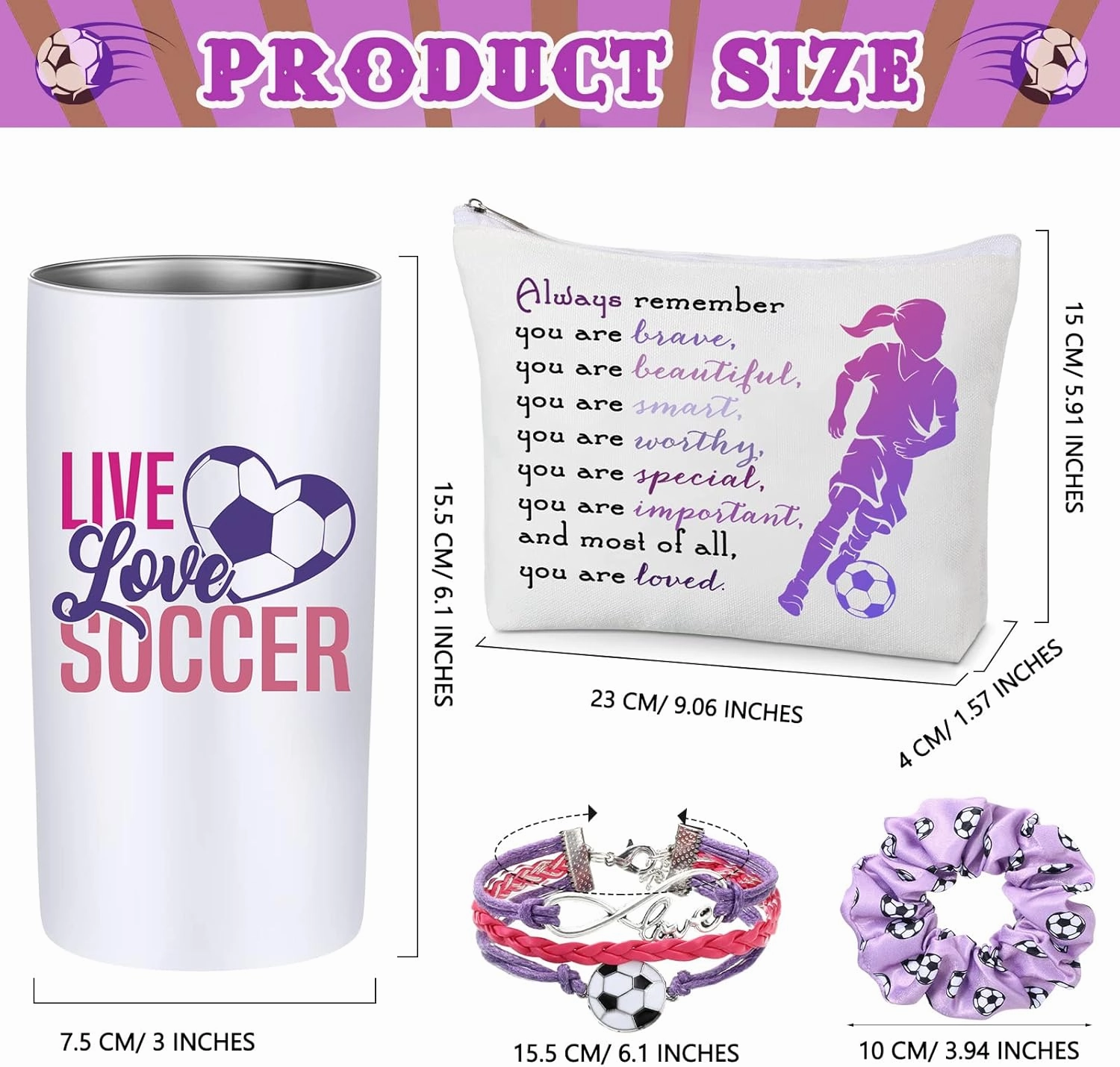 Sieral 4 Pieces Soccer Gifts for Girls 14oz Water Bottle Hair Scrunchies Bracelet Jewelry for Girls Zipper Pouch Sports Accessories for Sports graduation Gifts (Purple)