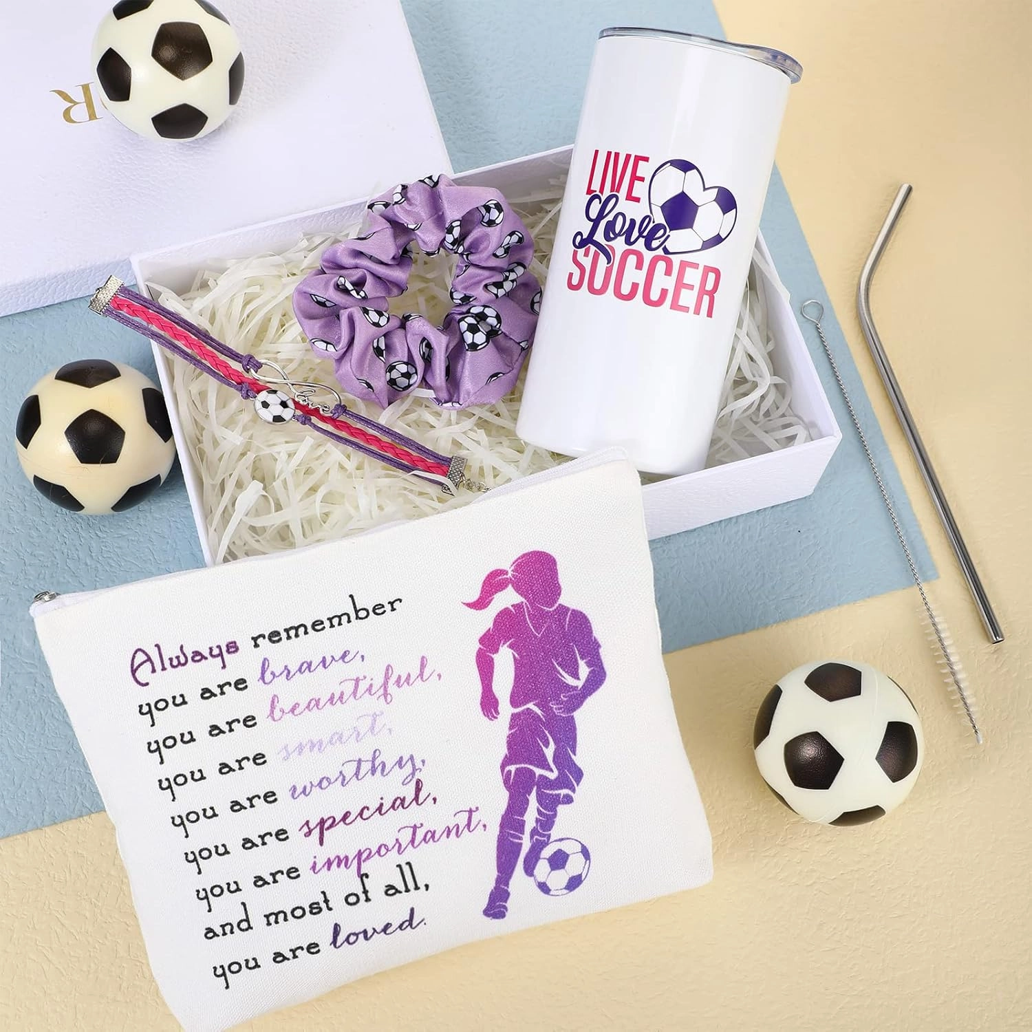 Sieral 4 Pieces Soccer Gifts for Girls 14oz Water Bottle Hair Scrunchies Bracelet Jewelry for Girls Zipper Pouch Sports Accessories for Sports graduation Gifts (Purple)