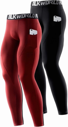 SILKWORLD Men's 1~3 Pack Compression Pants Pockets Cool Dry Gym Leggings Baselayer Running Tights