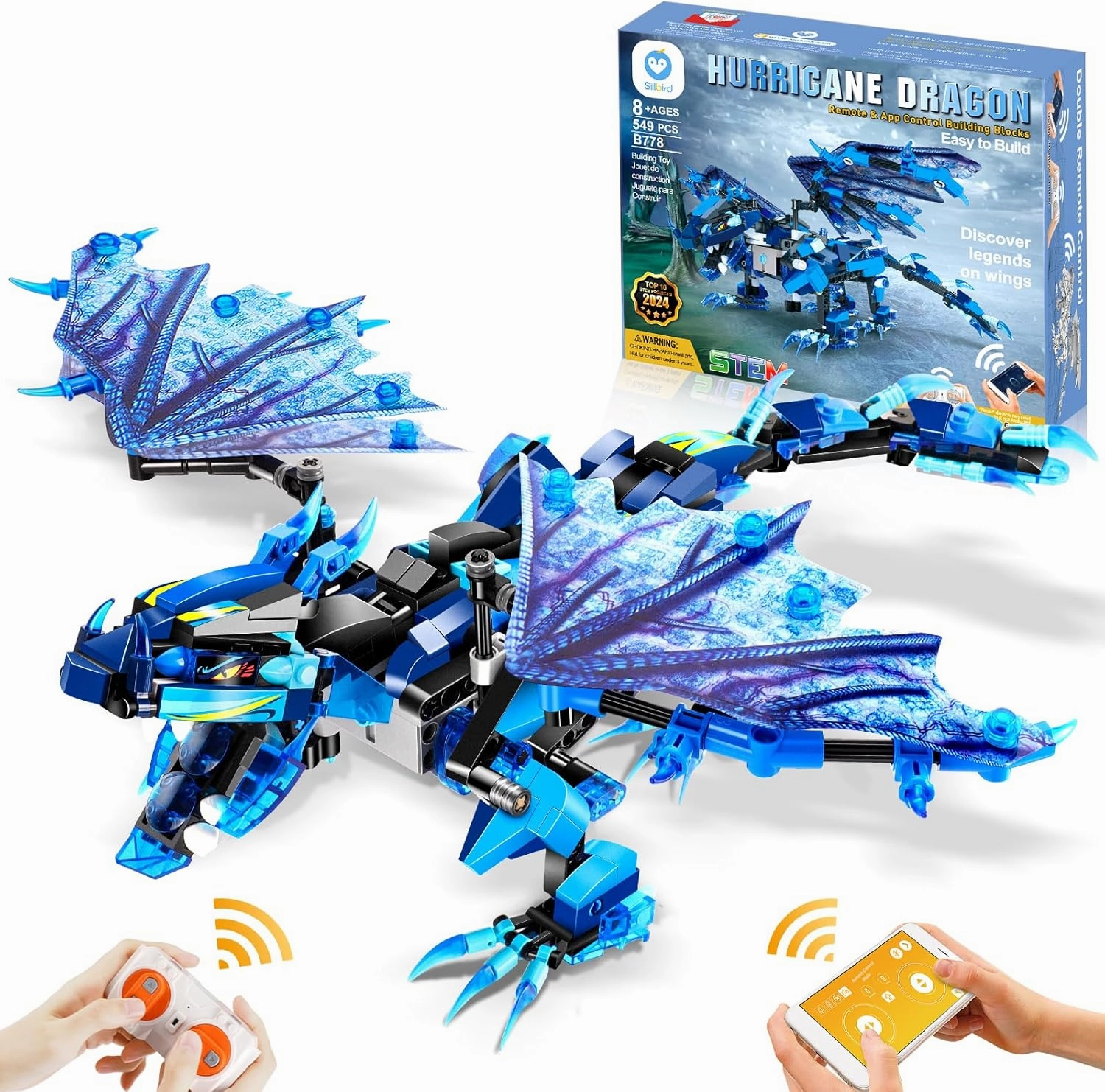 Sillbird Dragon Building Kit with Remote Control Stem Gifts for Kids Boys Ages 8-12, Technic Buildable Coding Toys for Birthday with 549 Pieces