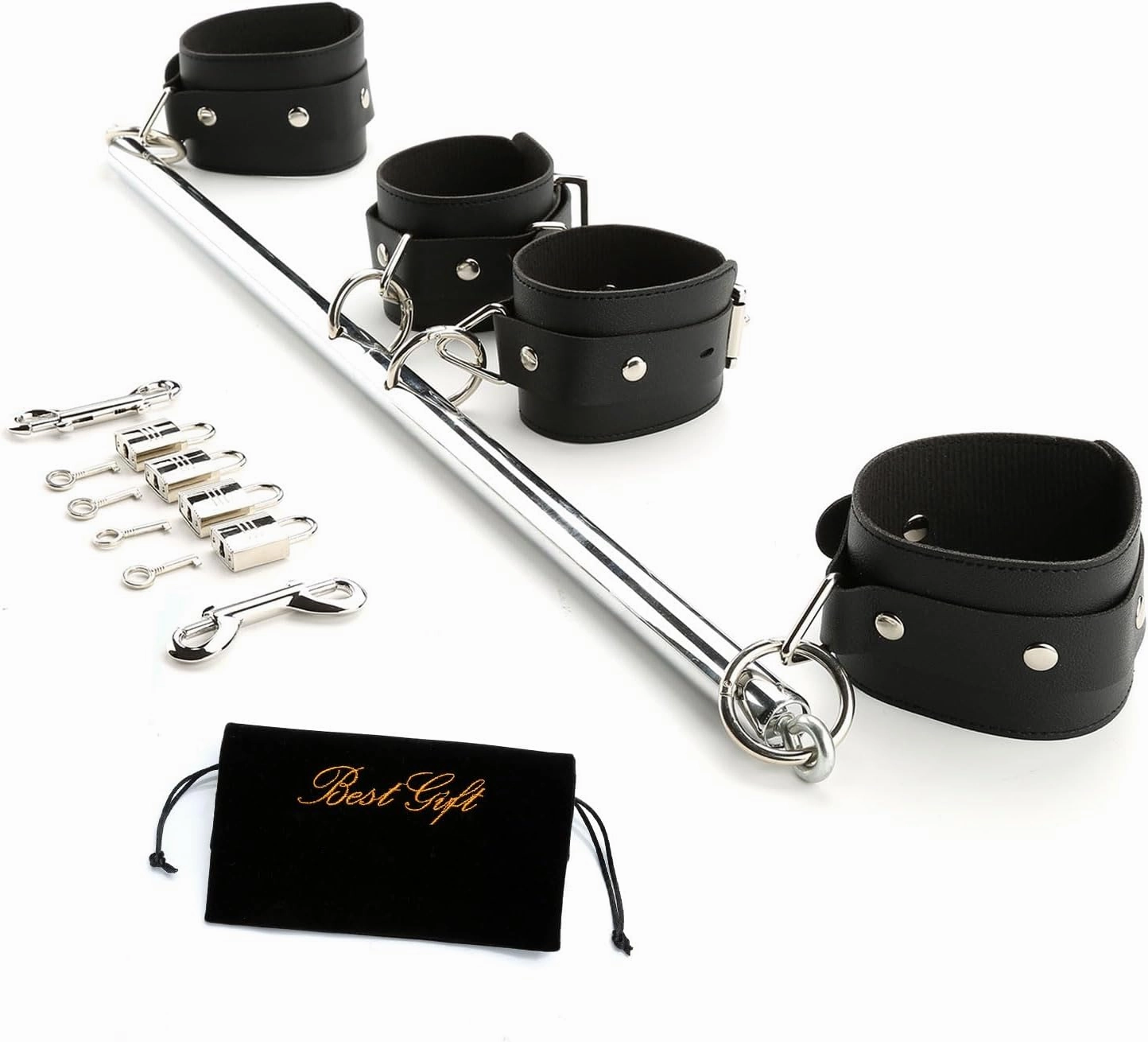 Silver Stainless Steel Sports Aid Spreader Bar and Black Straps Set, Fitness Home Gym Gear, Pilates Exercise Bar with Storage Bag