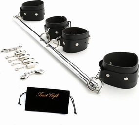 Silver Stainless Steel Sports Aid Spreader Bar and Black Straps Set, Fitness Home Gym Gear, Pilates Exercise Bar with Storage Bag