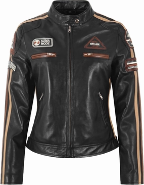 SIZMA Ladies Leather Jacket Classic Retro Motorcycle Racer Style Vintage Jacket 5011