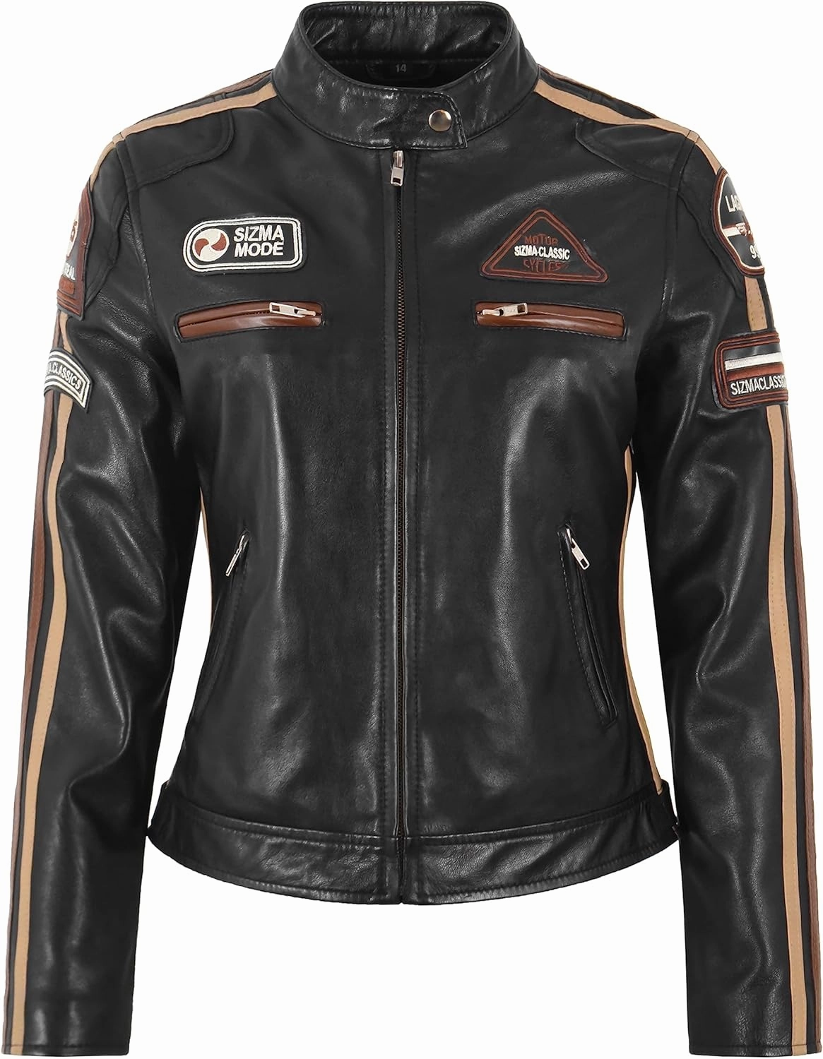 SIZMA Ladies Leather Jacket Classic Retro Motorcycle Racer Style Vintage Jacket 5011