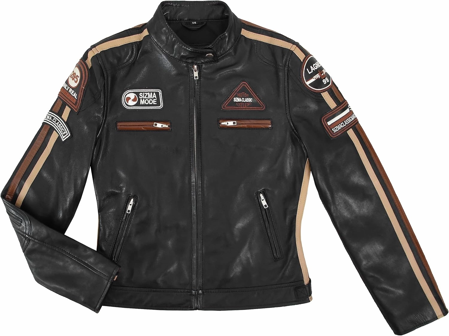 SIZMA Ladies Leather Jacket Classic Retro Motorcycle Racer Style Vintage Jacket 5011