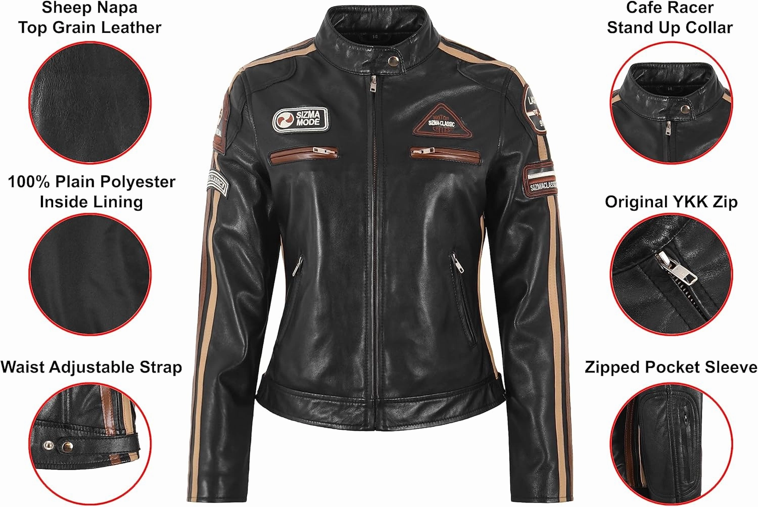 SIZMA Ladies Leather Jacket Classic Retro Motorcycle Racer Style Vintage Jacket 5011