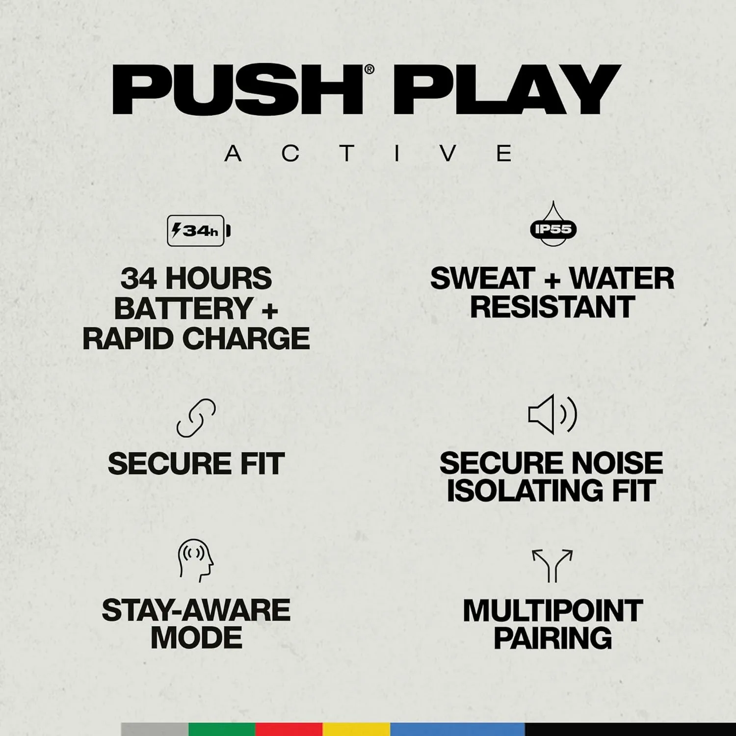 Skullcandy Push Play Active Wireless Earbuds, Bluetooth Headphones, Noise Isolating, 34 Hrs Battery, Secure-Fit Over-Ear Hanger, Sweat Water Resistant, Microphone for iPhone Android - Preppy Blue
