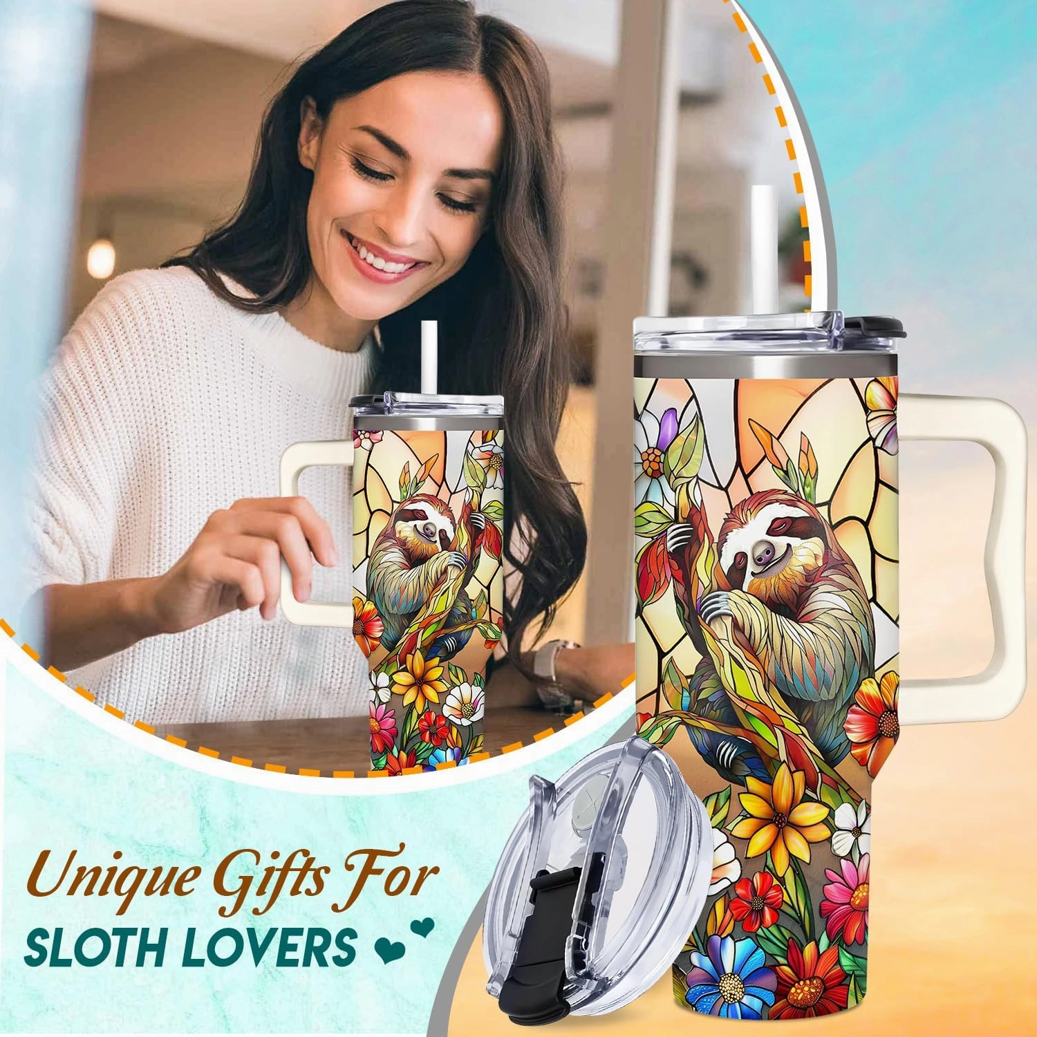 Sloth Gifts for Women - Suncatcher Sloth Cup for Birthday, Christmas - Gifts for Sloths Lovers Tumbler 40oz with Handle